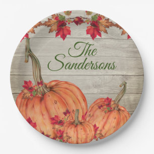 Rustikales Holz Herbst Orange Pumpkins Herbstlaub Pappteller