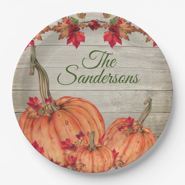 Rustikales Holz Herbst Orange Pumpkins Herbstlaub Pappteller (Vorderseite)