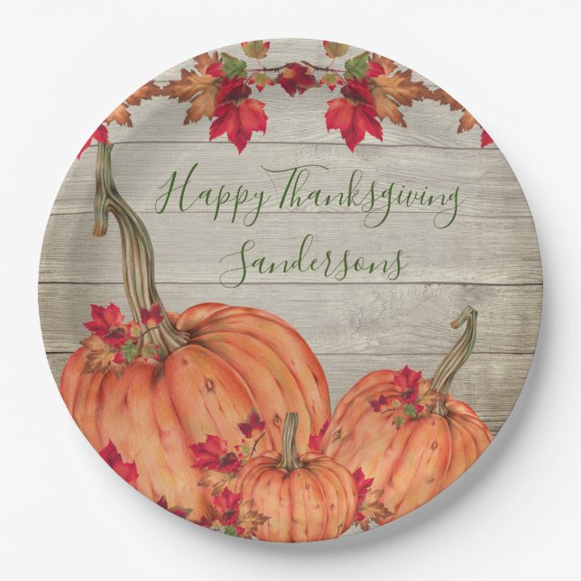 Rustikales Holz Herbst Orange Pumpkins Herbstlaub  Pappteller (Vorderseite)