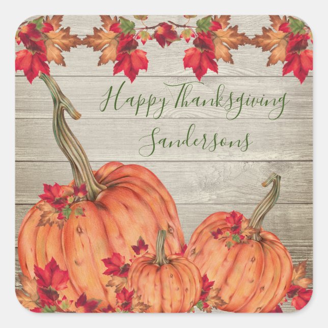 Rustikales Holz Herbst Orange Pumpkins Herbstlaub Quadratischer Aufkleber (Vorderseite)