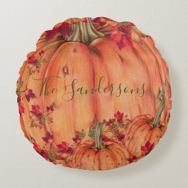 Rustikales Holz Herbst Orange Pumpkins Herbstlaub Rundes Kissen (Vorderseite)