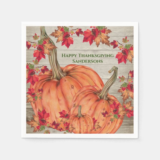 Rustikales Holz Herbst Orange Pumpkins Herbstlaub  Serviette (Vorderseite)