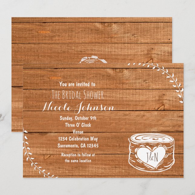 Rustikales Holz & Herz Stump Bridal Dusche Einladu Einladung (Vorne/Hinten)