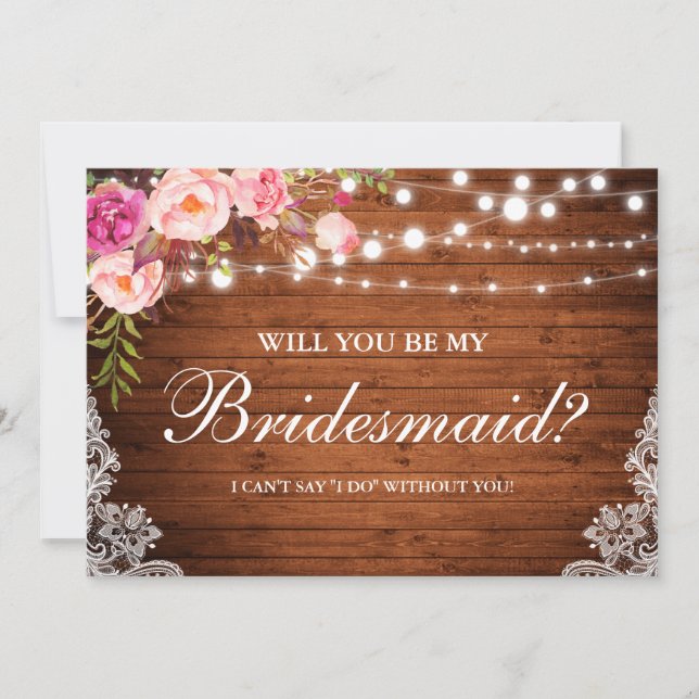Rustikales Holz Hochzeitslicht Lace Floral Bridesm Einladung (Vorderseite)