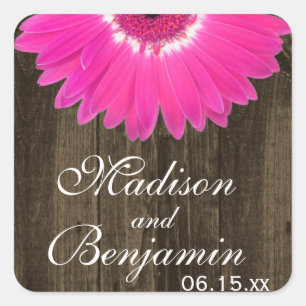 Rustikales Holz Hot Pink Daisy Gastgeschenk Hochze Quadratischer Aufkleber