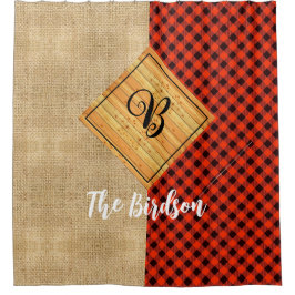 Rustikales Holz Kariert Burlap, Name Mit Monogramm Duschvorhang