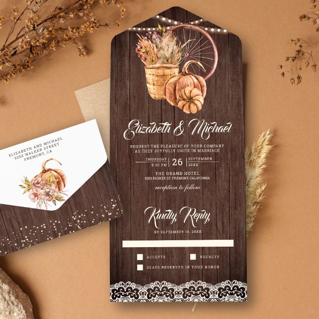 Rustikales Holz Lace Boho Pumpkin HerbstHochzeit i All In One Einladung (Von Creator hochgeladen)