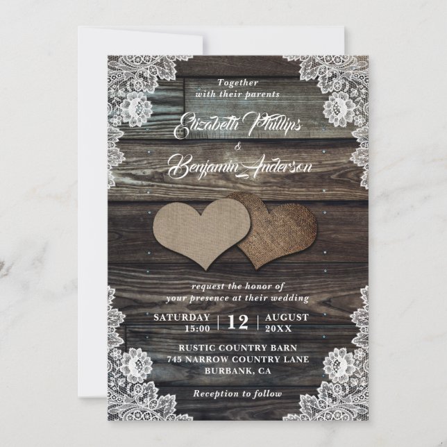 Rustikales Holz Lace Burlap Herz Hochzeitseinladun Einladung (Vorderseite)