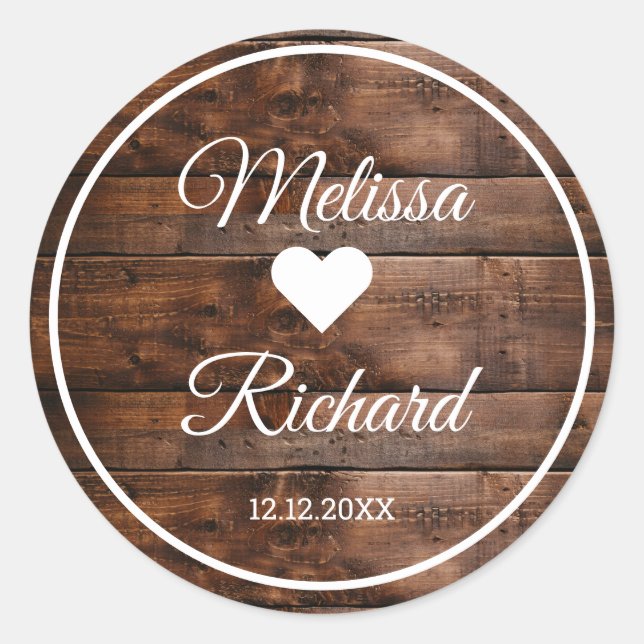 Rustikales Holz Land Hochzeit Gefallen Runder Aufkleber (Vorderseite)