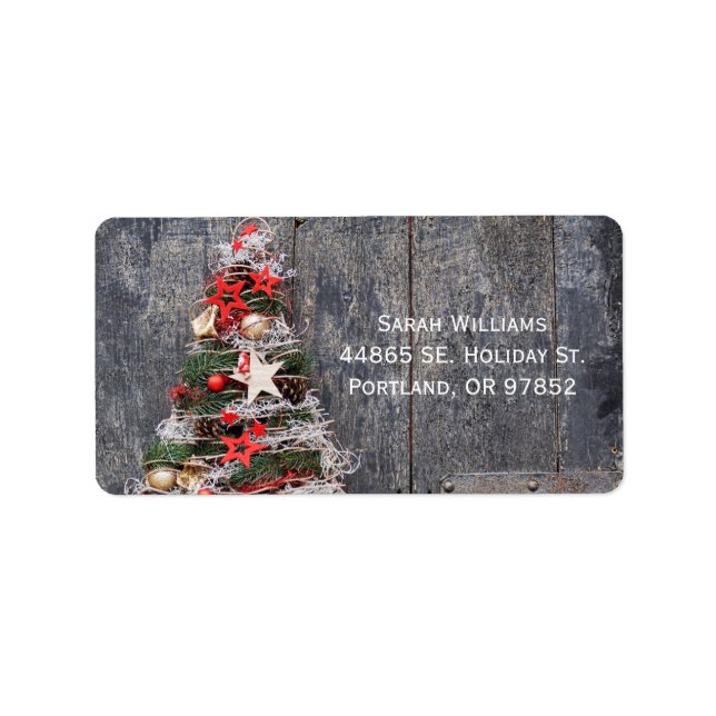 Rustikales Holz Land Weihnachtsbaumstars Adressaufkleber (Vorne)