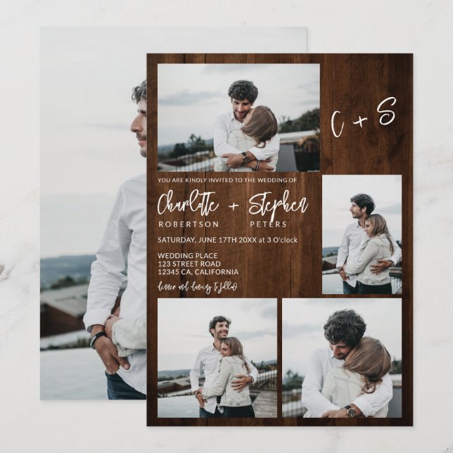 Rustikales Holz lässige Initialen 5 Fotos Hochzeit Einladung (Vorne/Hinten)