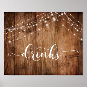 Rustikales Holz & Lights Drinks Empfang Zeichen Poster