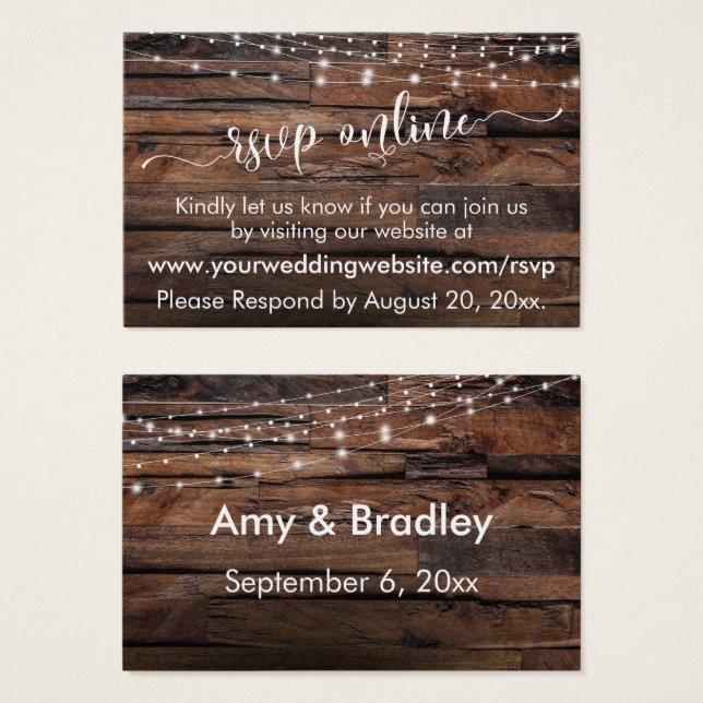 Rustikales Holz & Lights Hochzeit RSVP Online Beil (Vorne & Hinten)