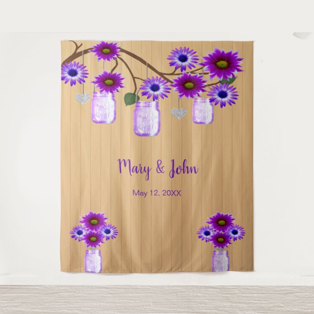 Rustikales Holz Lila Blumenmason Jar Foto Hintergr Wandteppich (Vorderseite)