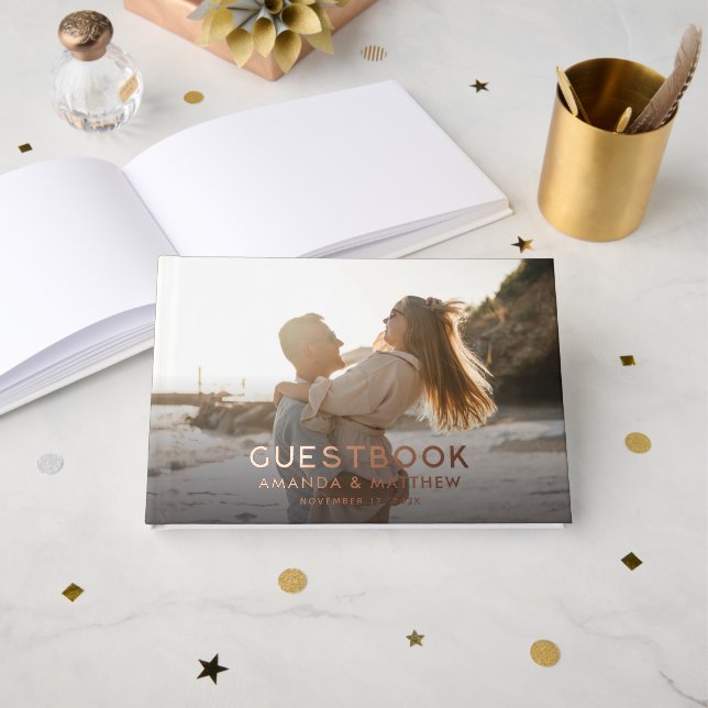 Rustikales Holz-Look Foto Hochzeit Gästebuch (Vorderseite Offen)