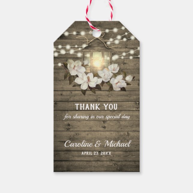 Rustikales Holz Magnolia Laternenleuchten Hochzeit Geschenkanhänger (Vorderseite)