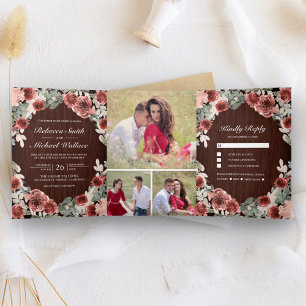 Rustikales Holz Marsala Floral Foto Collage Hochze Dreifach Gefaltete Einladung