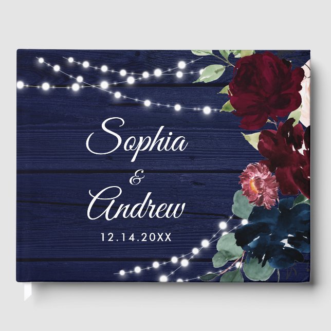 Rustikales Holz Marsala & Navy Blumen Hochzeit Gästebuch (Vorderseite)