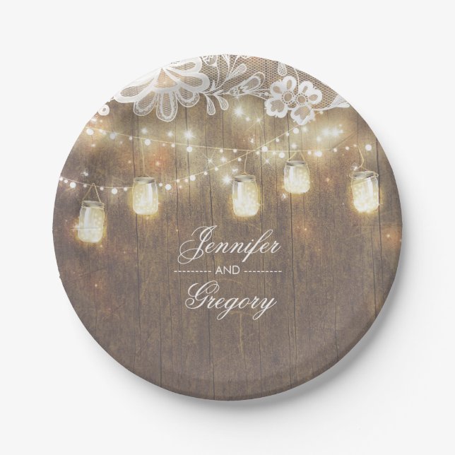 Rustikales Holz Mason Jar Lights Lace Barn Wedding Pappteller (Vorderseite)