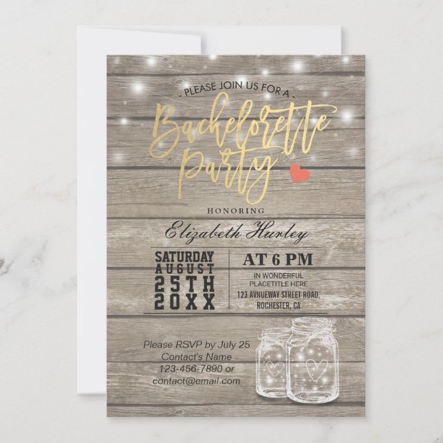 Rustikales Holz & Mason Jar String Lights Bachelor Einladung (Vorderseite)