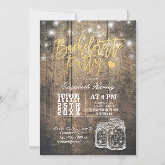Rustikales Holz & Mason Jar String Lights Bachelor Einladung (Vorderseite)