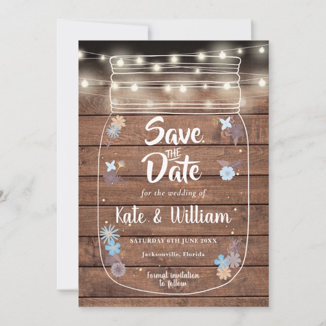 Rustikales Holz Mason Jar String Lights Floral Save The Date (Vorderseite)