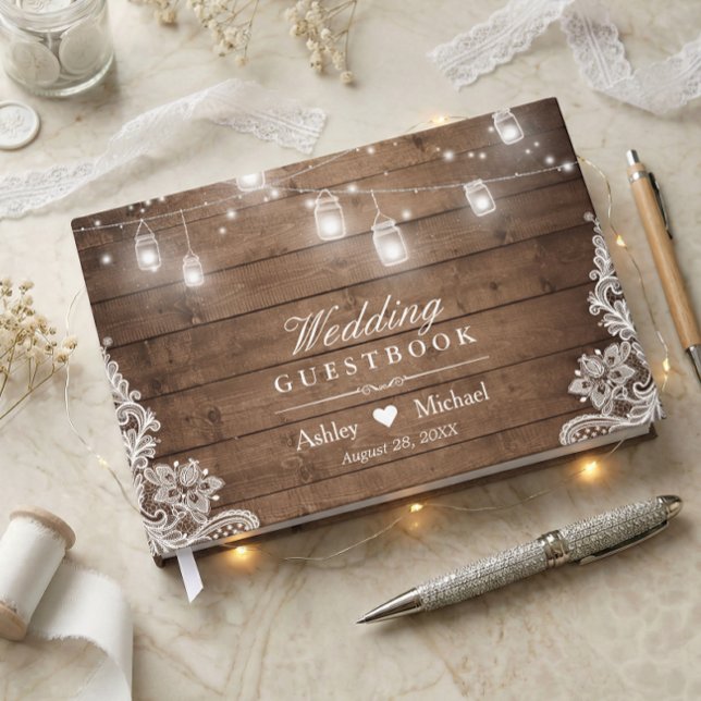 Rustikales Holz Mason Jar String Lights Hochzeit Gästebuch (Von Creator hochgeladen)