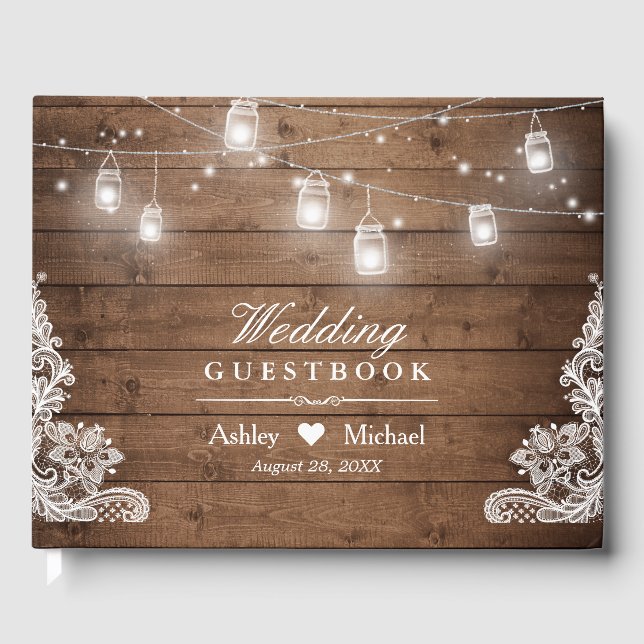 Rustikales Holz Mason Jar String Lights Hochzeit Gästebuch (Vorderseite)