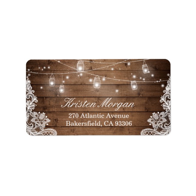 Rustikales Holz Mason Jar String Lights Lace Adressaufkleber (Vorne)