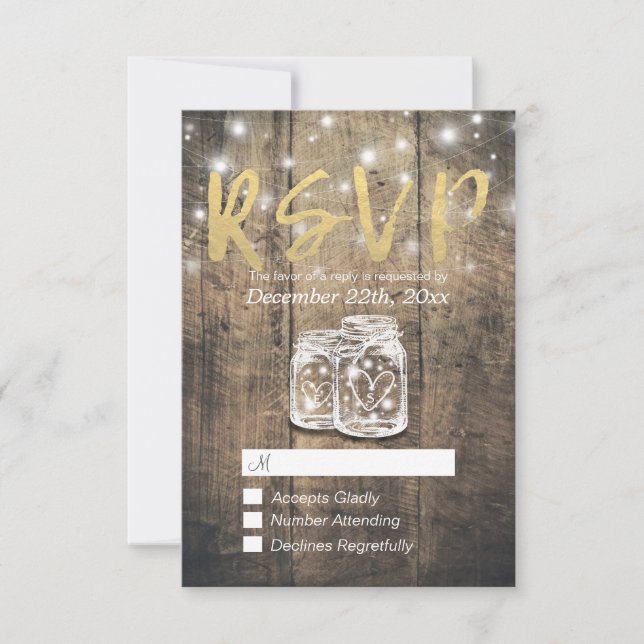 Rustikales Holz & Mason Jar String Lights Wedding  RSVP Karte (Vorderseite)
