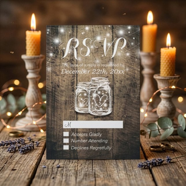 Rustikales Holz & Mason Jar String Lights Wedding  RSVP Karte (Von Creator hochgeladen)