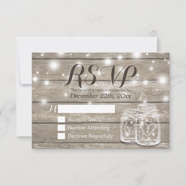 Rustikales Holz & Mason Jar String Lights Wedding  RSVP Karte (Vorderseite)