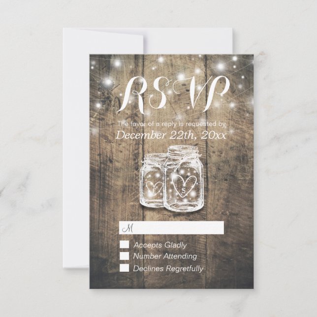 Rustikales Holz & Mason Jar String Lights Wedding  RSVP Karte (Vorderseite)