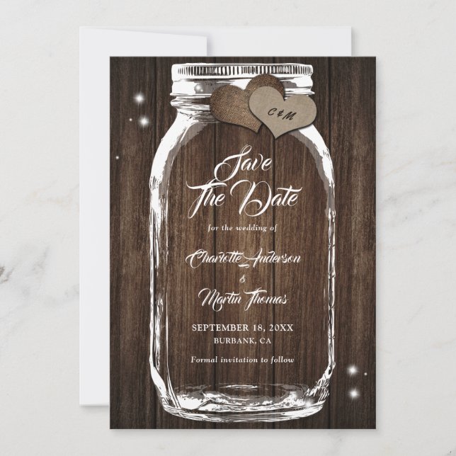 Rustikales Holz Mason Jar Wedding speichern das Da Save The Date (Vorderseite)