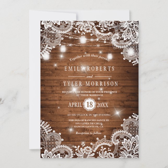 Rustikales Holz Mason Jars String Lights Hochzeit Einladung (Vorderseite)