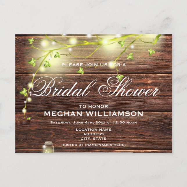 Rustikales Holz Mason Lights Bridal Dusche Einladu Postkarte (Vorderseite)