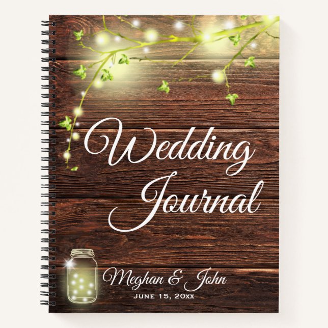Rustikales Holz Mason String Lights Wedding Journa Notizbuch (Vorderseite)