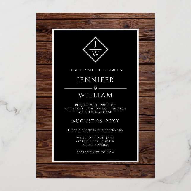 Rustikales Holz Minimalistisch formales klassische Folieneinladung (Vorderseite)