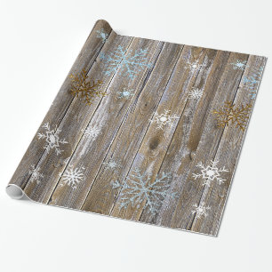 Rustikales Holz mit blauen und goldenen Schneefloc Geschenkpapier