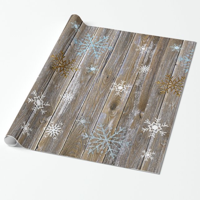 Rustikales Holz mit blauen und goldenen Schneefloc Geschenkpapier (Ungerollt)