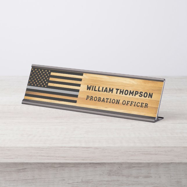 Rustikales Holz mit dünner grauer Linie Schreibtischnamensplakette (Vorderseite )