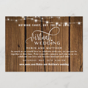 Rustikales Holz mit Licht, virtuelle Hochzeit onli Einladung