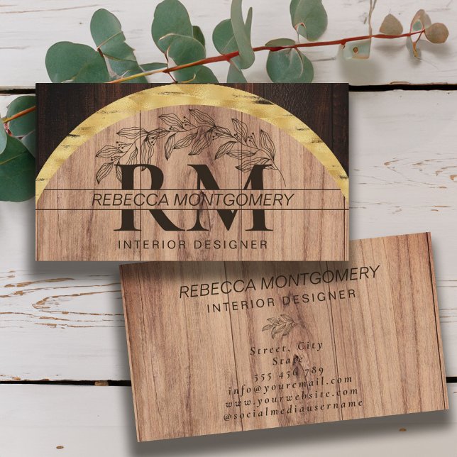 Rustikales Holz Mit Monogramm Gold Visitenkarte (Rustic Wood Floral Monogrammed Gold Business Card)