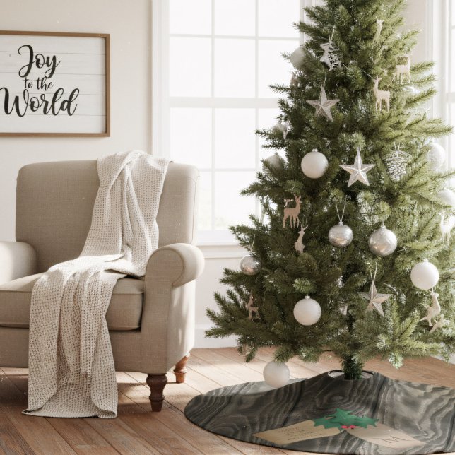 Rustikales Holz Mit Monogramm Weihnachtsbaumrock Polyester Weihnachtsbaumdecke (Add your family name and initial to this rustic wood look tree skirt)