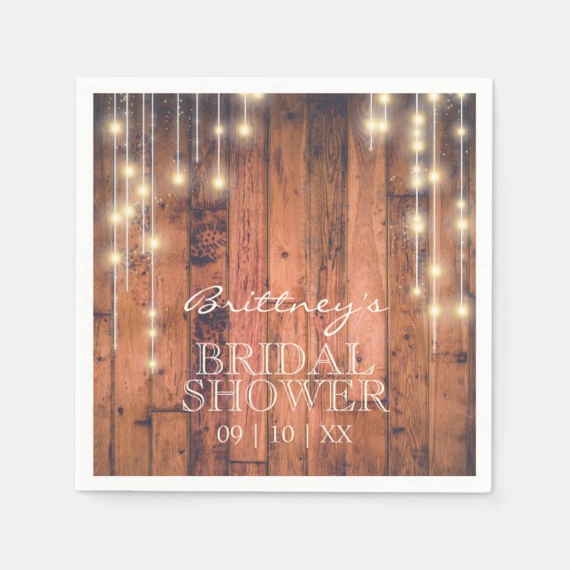 Rustikales Holz mit String Lights | BRAUTPARTY Serviette (Vorderseite)
