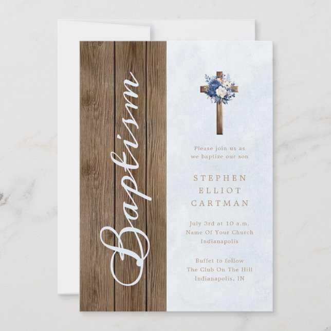 Rustikales Holz Moderne Elegante Schrift Blaue Tau Einladung (Vorderseite)