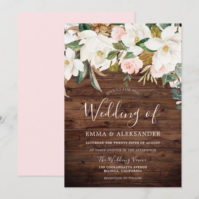 Rustikales Holz Moderne Weiße Blume Hochzeit Einladung (Vorne/Hinten)