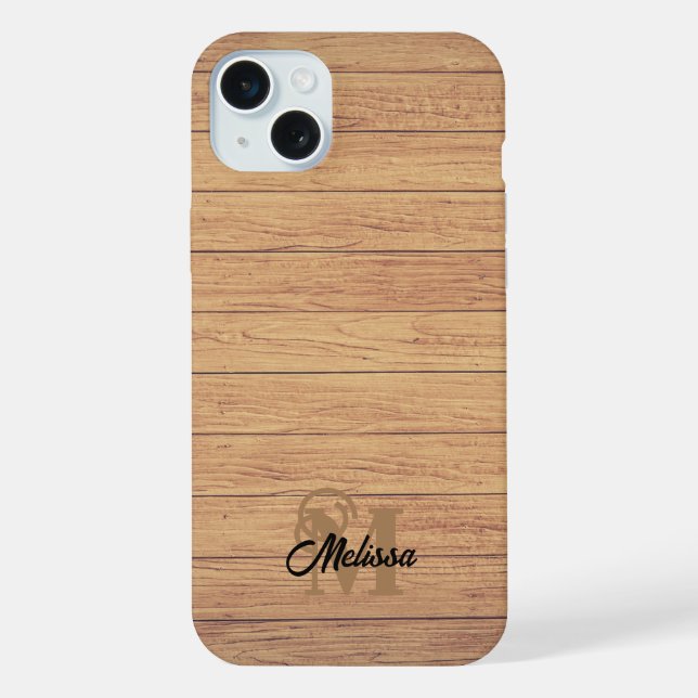Rustikales Holz, monogramiert iPhone 15 Plus Hülle (Rückseite)