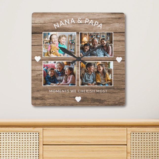 Rustikales Holz Nana Papa 4 Foto Großmutter-Gesche Quadratische Wanduhr (Von Creator hochgeladen)