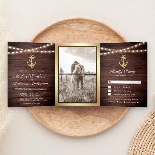 Rustikales Holz Nautic Gold Anker Lights Hochzeit Dreifach Gefaltete Einladung